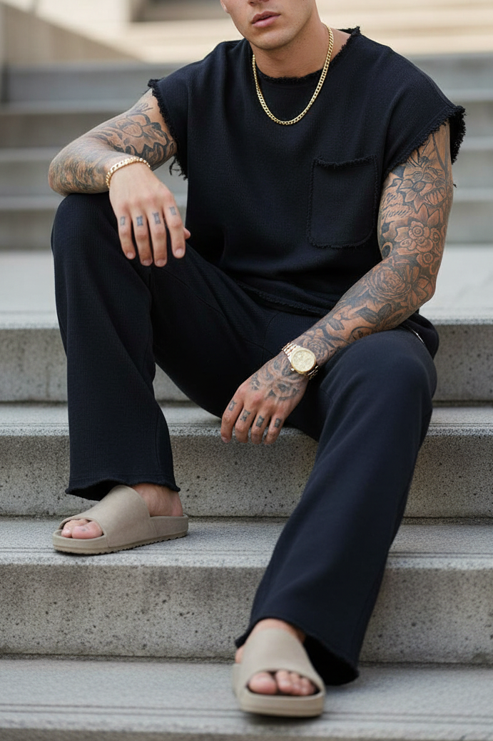 Σετ Co-ord Raw-Edge Waffle Studio – Μαύρο