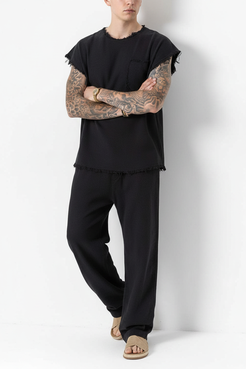 Σετ Co-ord Raw-Edge Waffle Studio – Μαύρο