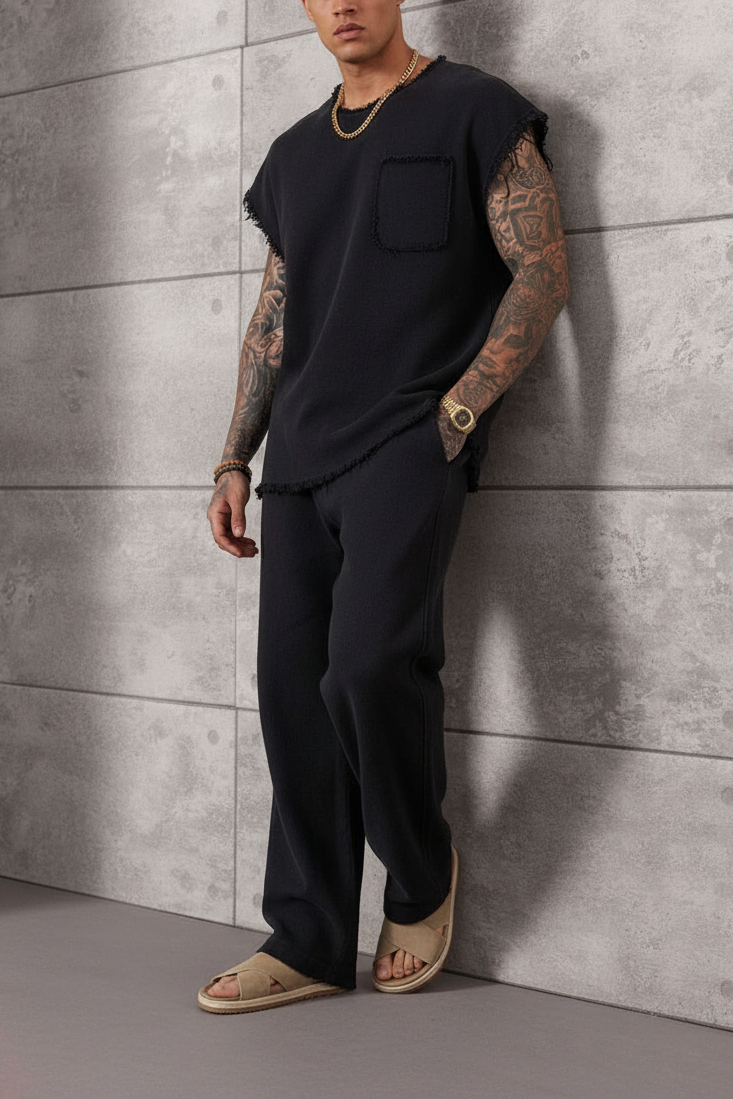 Σετ Co-ord Raw-Edge Waffle Studio – Μαύρο