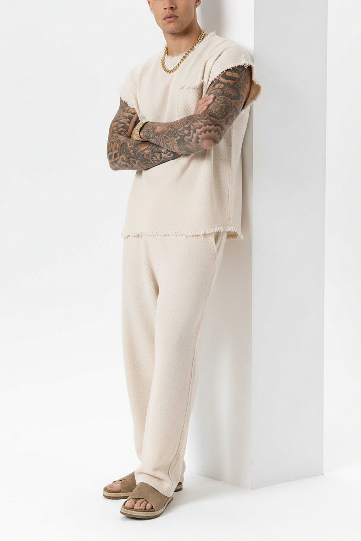 Σετ Co-ord Raw-Edge Waffle Studio – Ανοιχτό Μπεζ