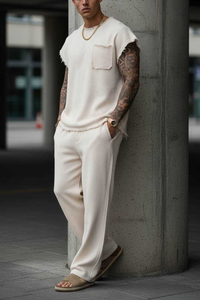 Σετ Co-ord Raw-Edge Waffle Studio – Ανοιχτό Μπεζ