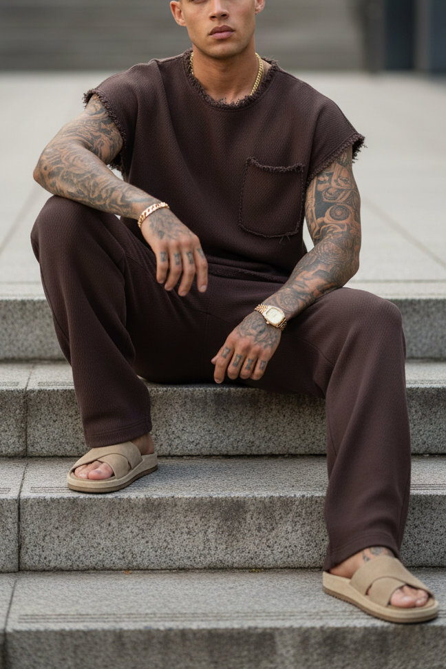 Σετ Co-ord Raw-Edge Waffle Studio – Καφέ
