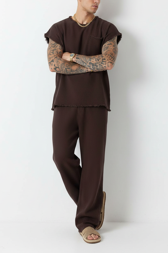 Σετ Co-ord Raw-Edge Waffle Studio – Καφέ