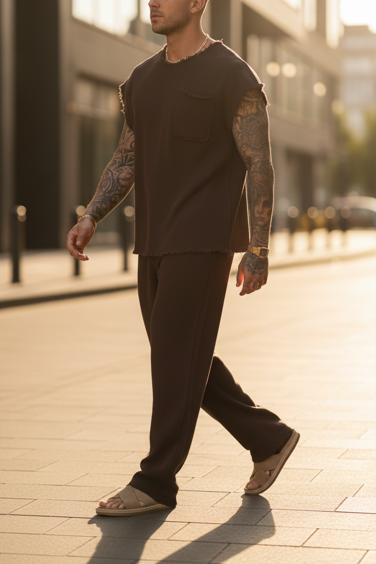 Σετ Co-ord Raw-Edge Waffle Studio – Καφέ