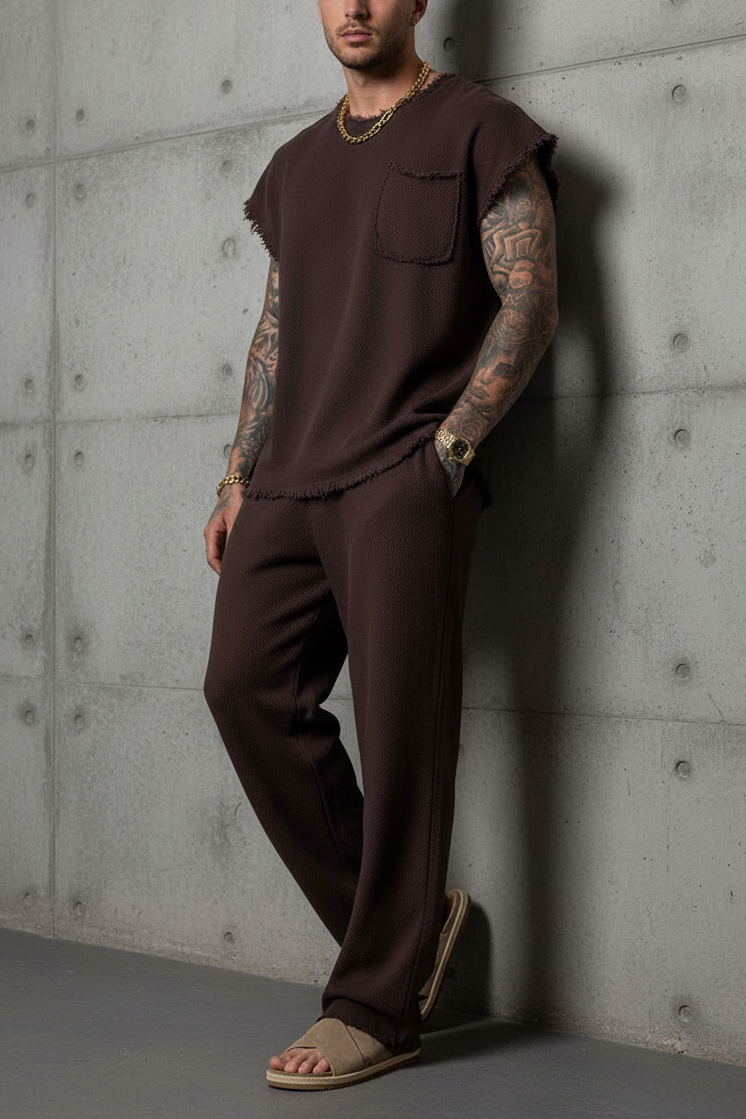 Σετ Co-ord Raw-Edge Waffle Studio – Καφέ