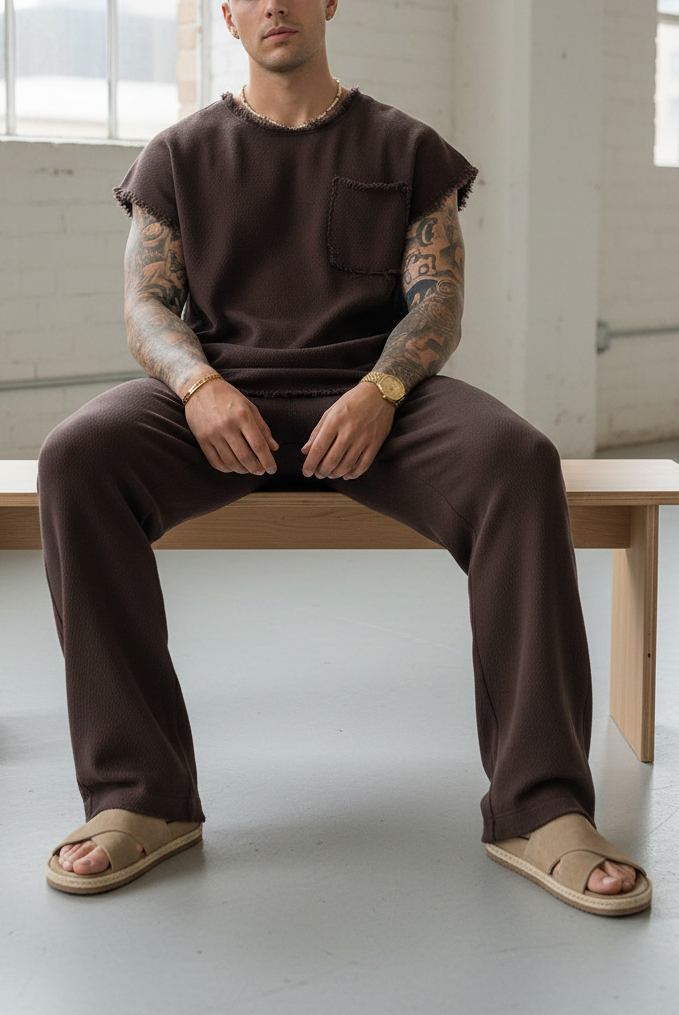 Σετ Co-ord Raw-Edge Waffle Studio – Καφέ