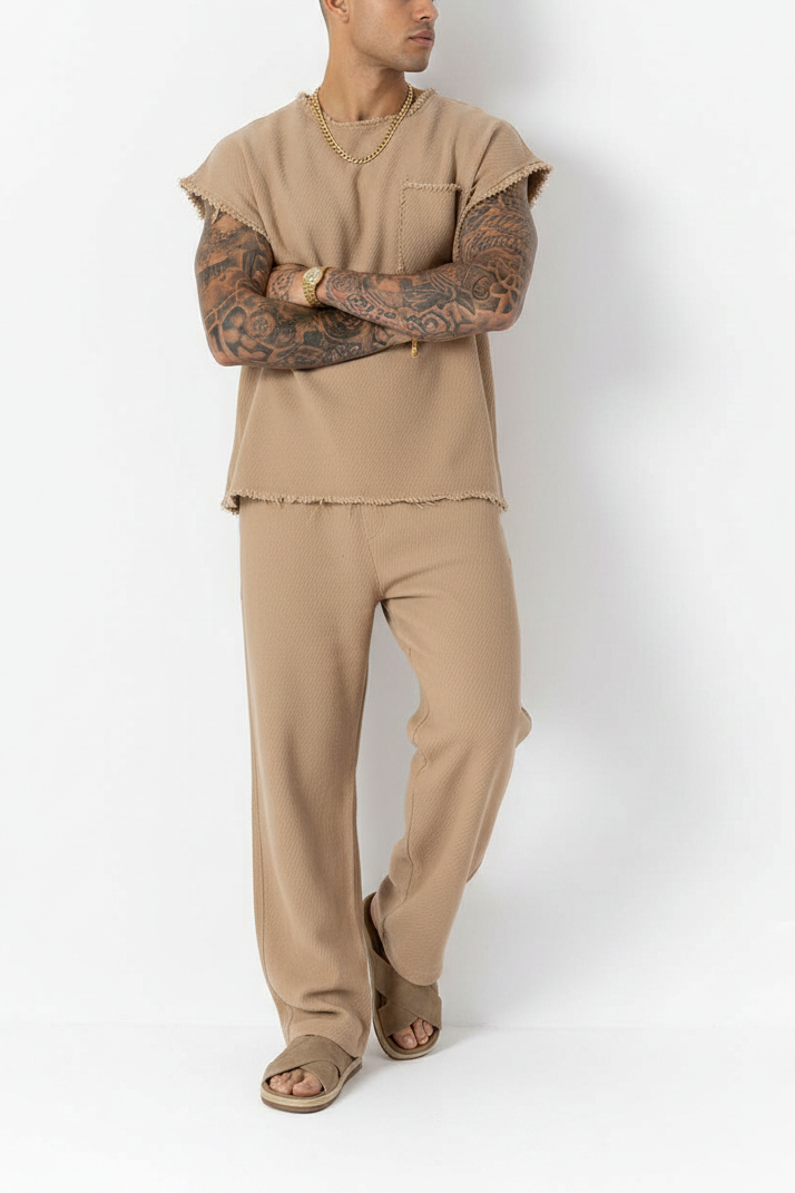 Σετ Co-ord Raw-Edge Waffle Studio – Σκούρο Μπεζ