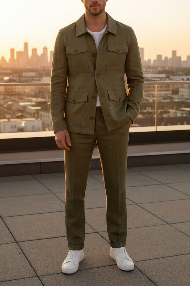 Ανδρικό Λινό Σετ / Safari Suit – 100% Premium Λινό Comfort Fit- Χακί