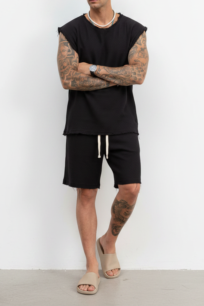 Raw Edge Waffle Αμάνικο  Oversized T-Shirt & Βερμούδα Σετ - Μαύρο