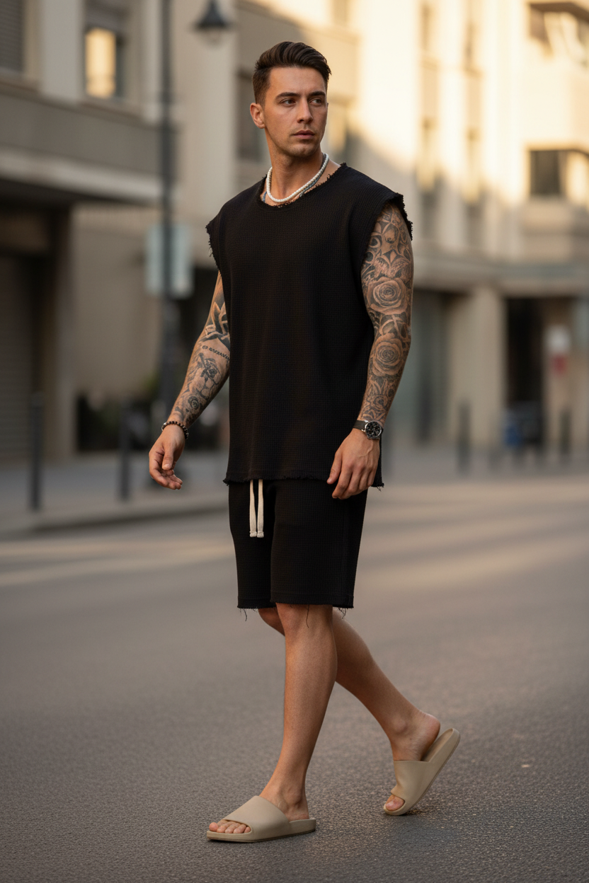 Raw Edge Waffle Αμάνικο  Oversized T-Shirt & Βερμούδα Σετ - Μαύρο