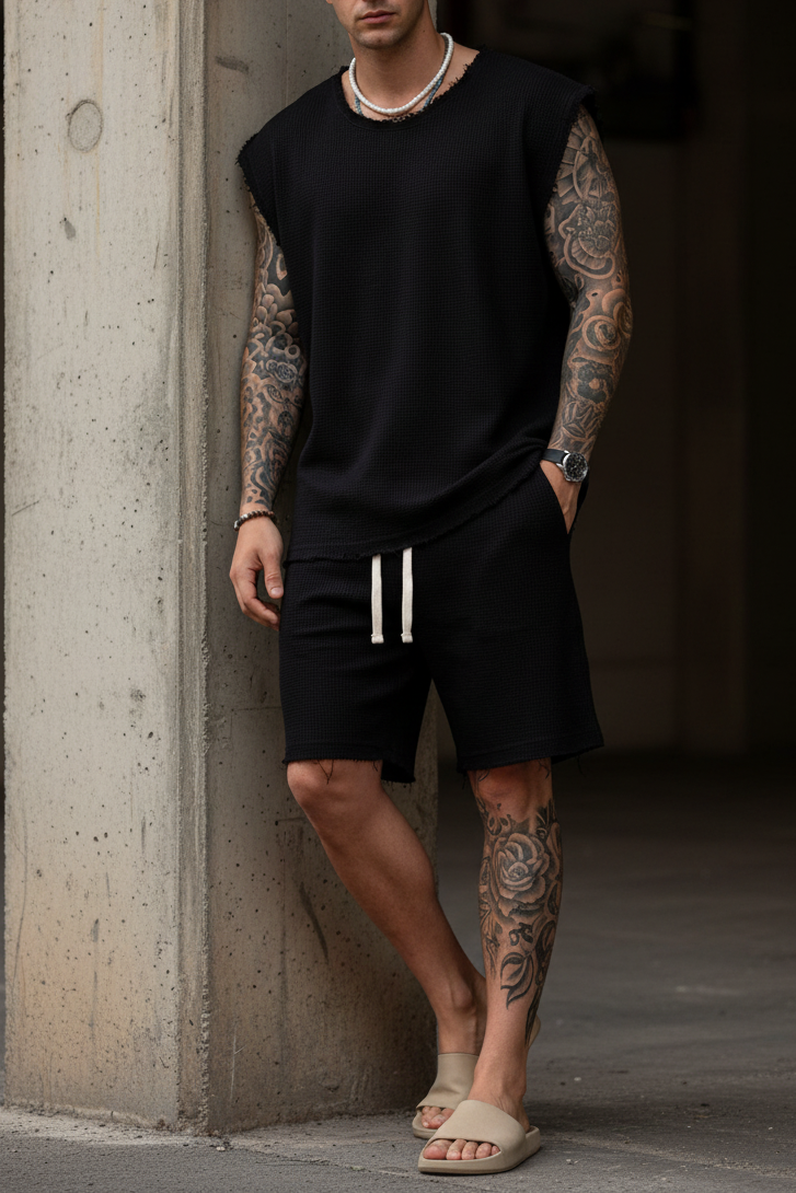 Raw Edge Waffle Αμάνικο  Oversized T-Shirt & Βερμούδα Σετ - Μαύρο