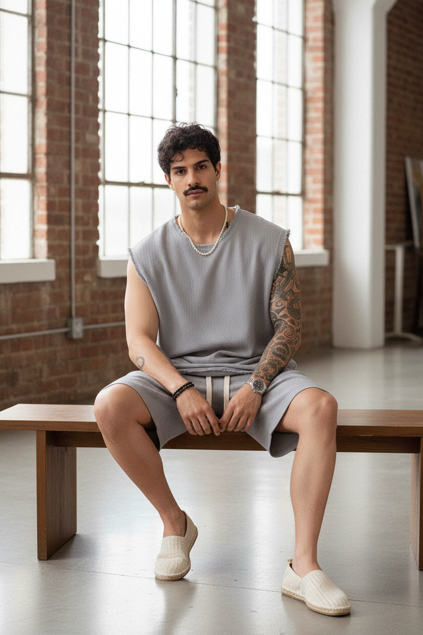 Raw Edge Αμάνικο Waffle Oversized T-Shirt & Βερμούδα Σετ -  Ice Grey