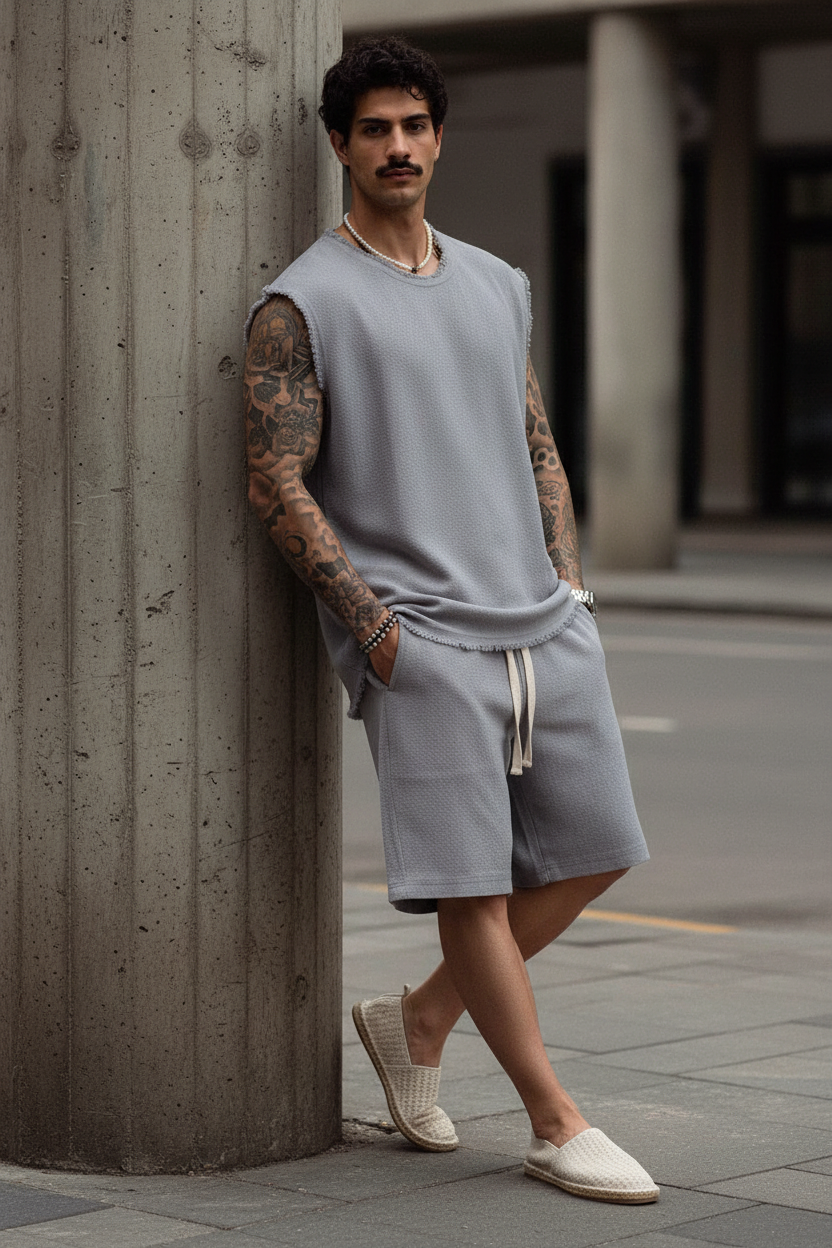 Raw Edge Αμάνικο Waffle Oversized T-Shirt & Βερμούδα Σετ -  Ice Grey