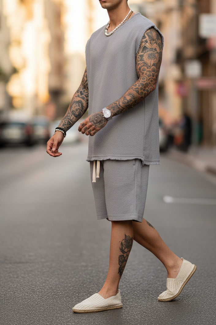 Raw Edge Αμάνικο Waffle Oversized T-Shirt & Βερμούδα Σετ -  Ice Grey