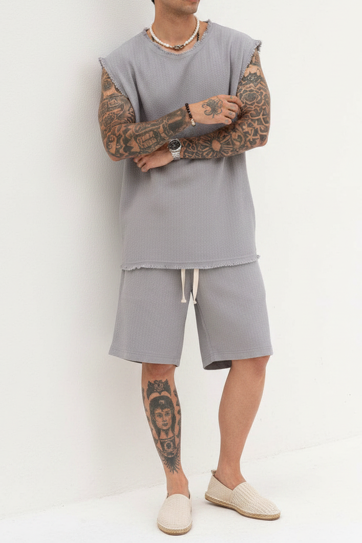 Raw Edge Αμάνικο Waffle Oversized T-Shirt & Βερμούδα Σετ -  Ice Grey