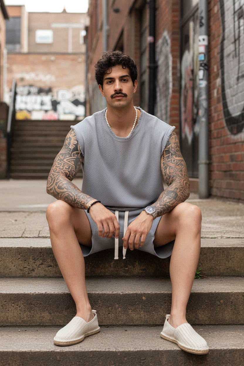Raw Edge Αμάνικο Waffle Oversized T-Shirt & Βερμούδα Σετ -  Ice Grey