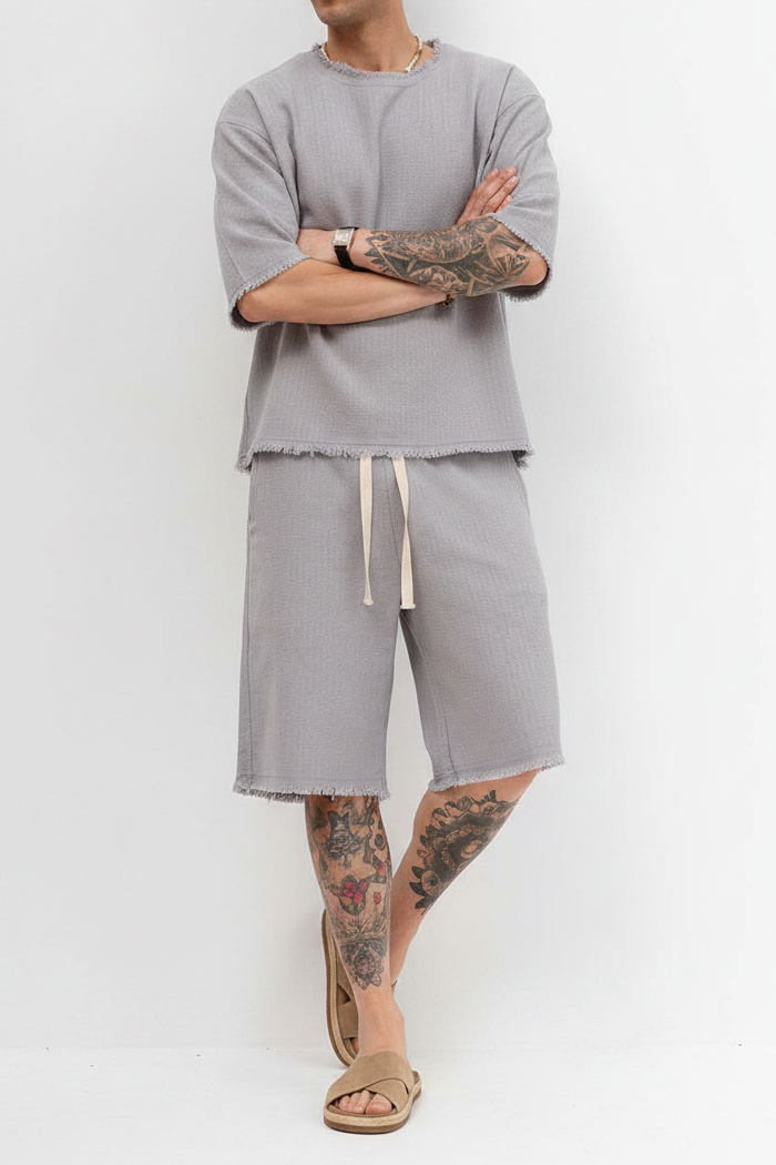 Raw Edge Waffle Oversized T-Shirt & Βερμούδα Σετ - Ice Grey