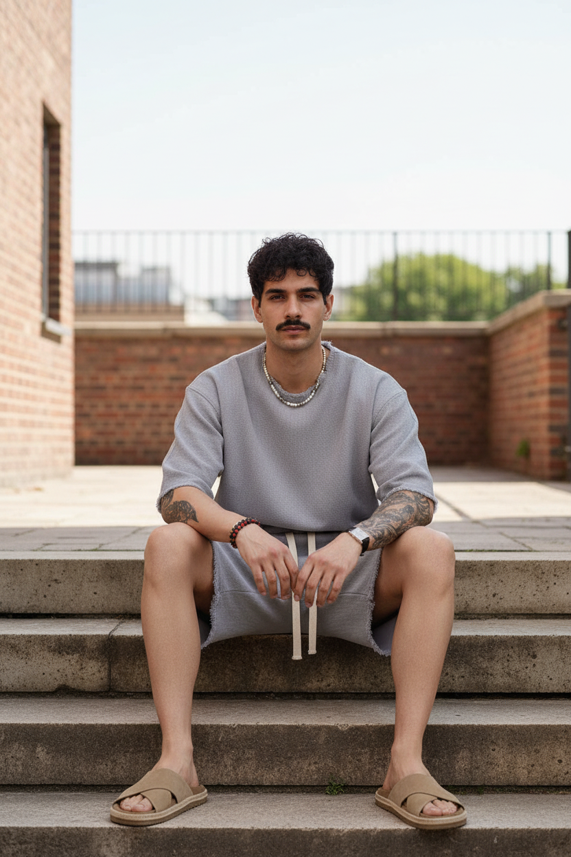Raw Edge Waffle Oversized T-Shirt & Βερμούδα Σετ - Ice Grey
