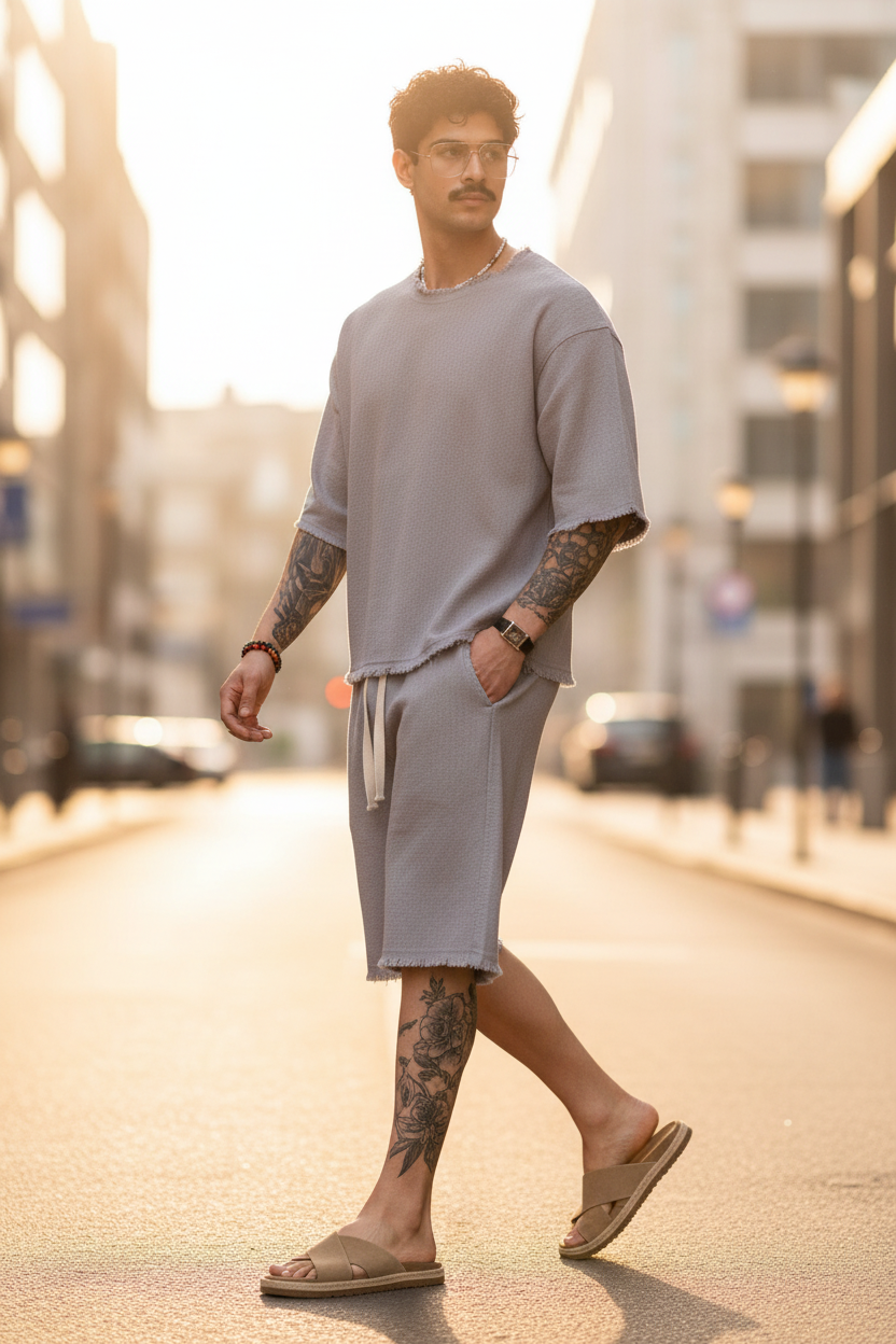 Raw Edge Waffle Oversized T-Shirt & Βερμούδα Σετ - Ice Grey