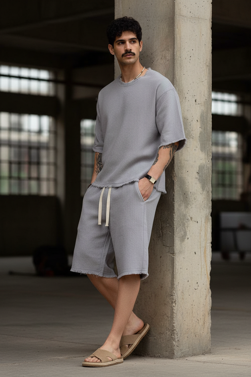 Raw Edge Waffle Oversized T-Shirt & Βερμούδα Σετ - Ice Grey