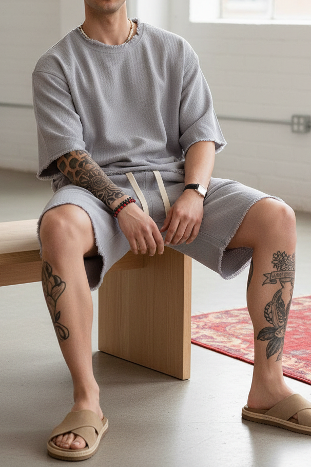 Raw Edge Waffle Oversized T-Shirt & Βερμούδα Σετ - Ice Grey