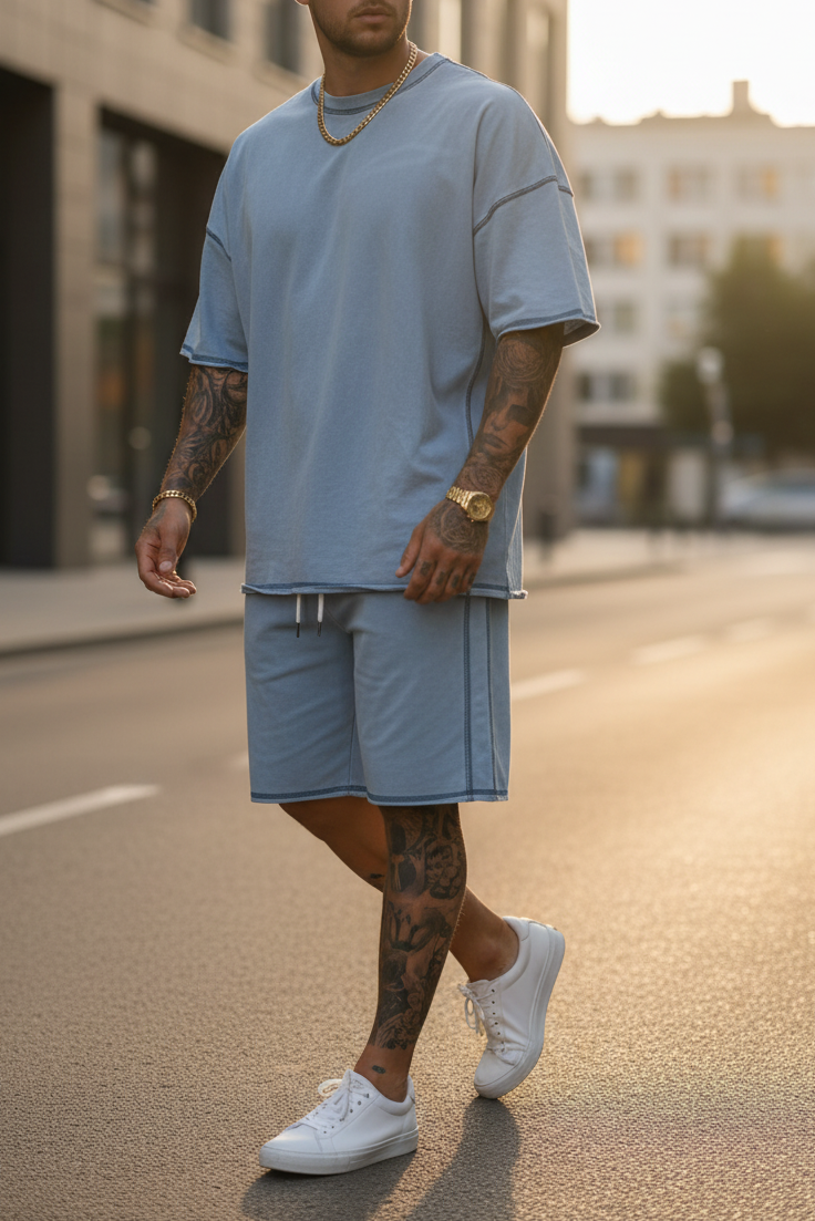 Distressed Σετ Tshirt και Βερμούδα με Λάστιχο στη Μέση – Γαλάζιο Ξεβαμμένο