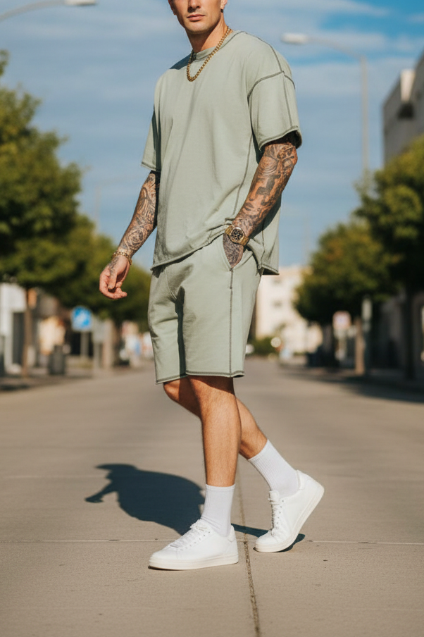 Distressed Σετ Tshirt και Βερμούδα με Λάστιχο στη Μέση – Πράσινο Ξεβαμμένο
