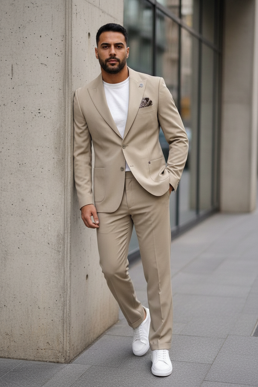 Delmont Slim Fit Ανδρικό Μπεζ Κουστούμι