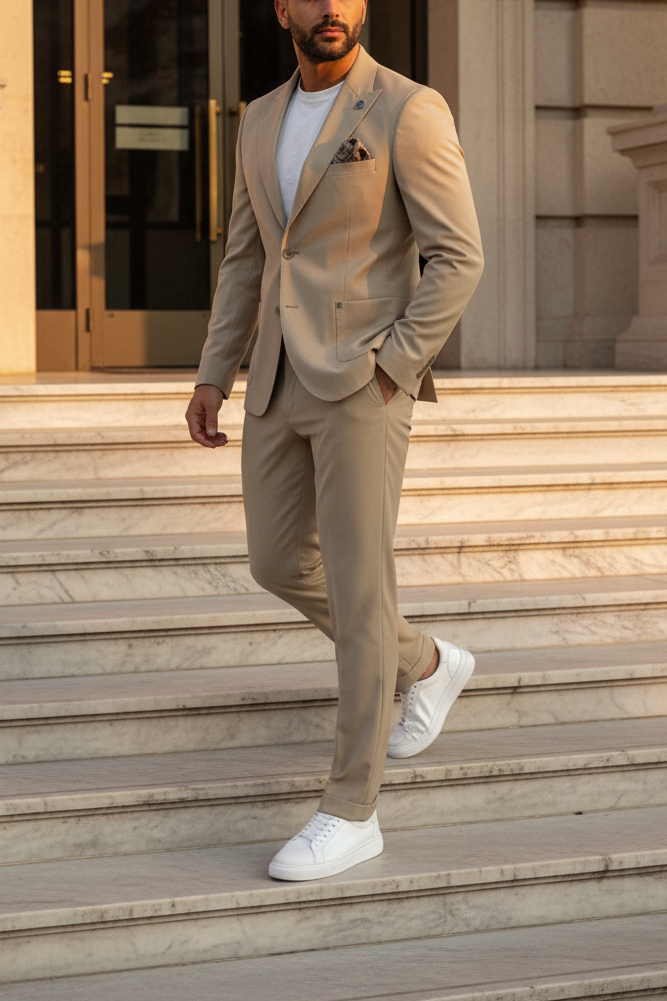 Delmont Slim Fit Ανδρικό Μπεζ Κουστούμι