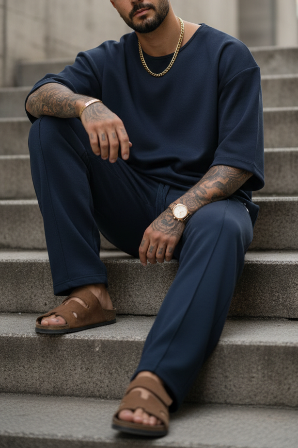 Minimal Co-Ord Set Jogger και 3/4 Μπλούζα με Ελαστικό Ύφασμα – Μπλε