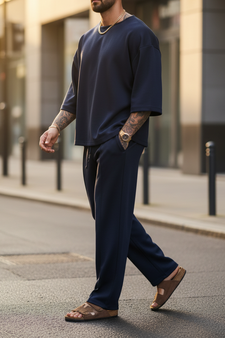 Minimal Co-Ord Set Jogger και 3/4 Μπλούζα με Ελαστικό Ύφασμα – Μπλε