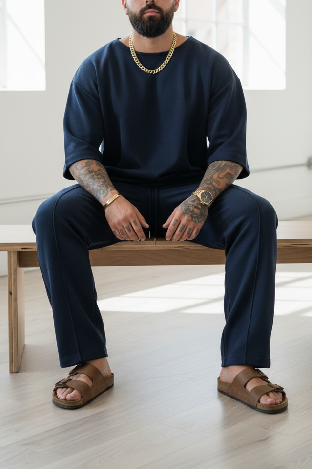 Minimal Co-Ord Set Jogger και 3/4 Μπλούζα με Ελαστικό Ύφασμα – Μπλε