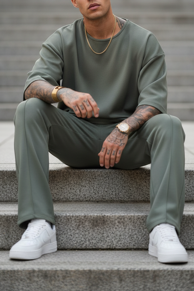 Minimal Co-Ord Σετ Jogger και 3/4 Μπλούζα με Ελαστικό Ύφασμα – Χακί