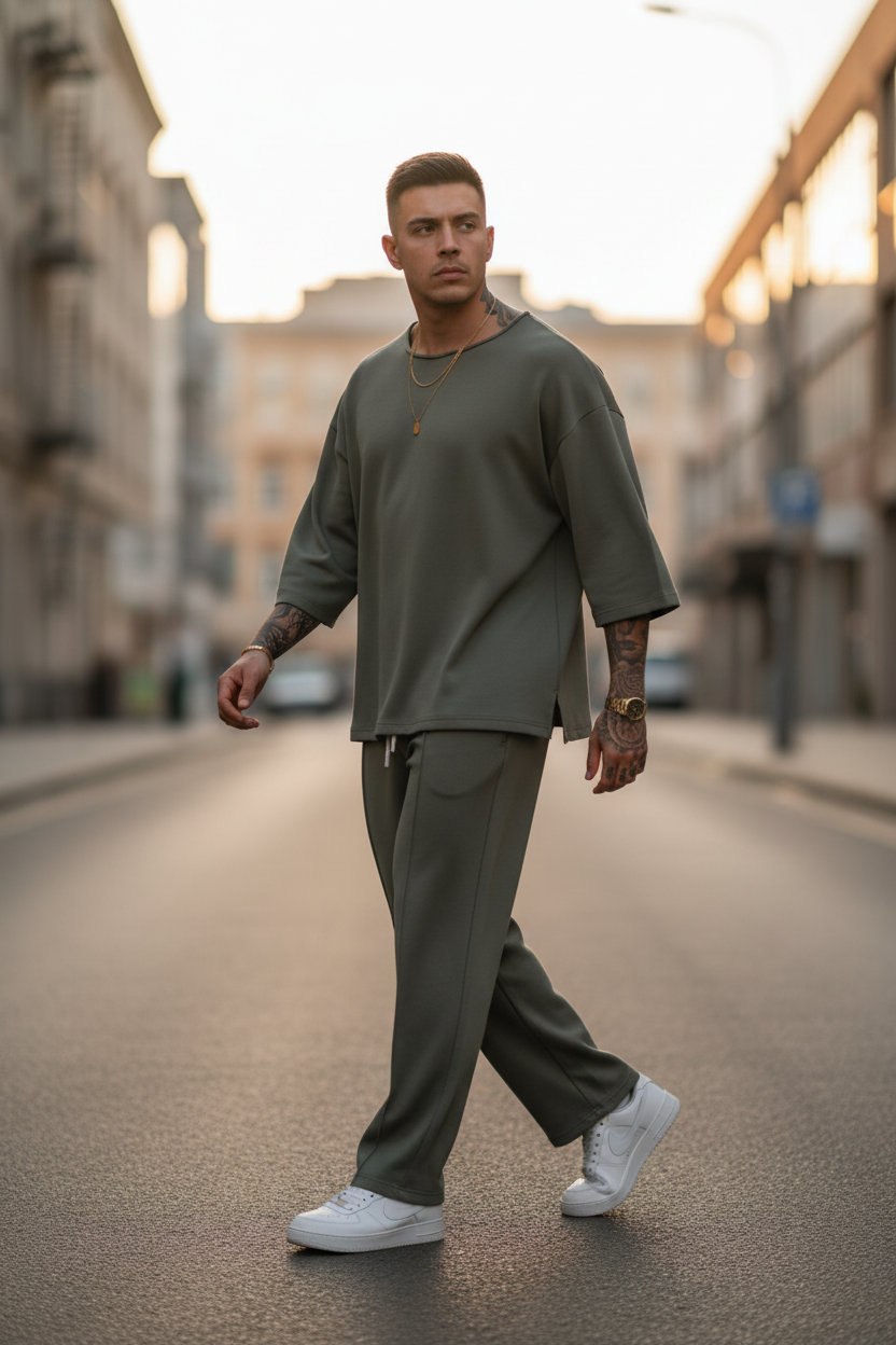 Minimal Co-Ord Σετ Jogger και 3/4 Μπλούζα με Ελαστικό Ύφασμα – Χακί