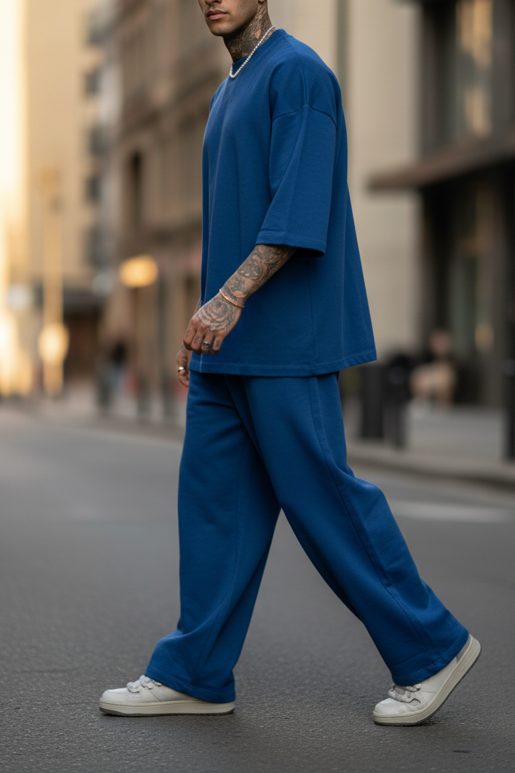 Σετ Street Pulse με 3/4 T-Shirt και Baggy Φόρμα με Λάστιχο στη Μέση – Έντονο Μπλε