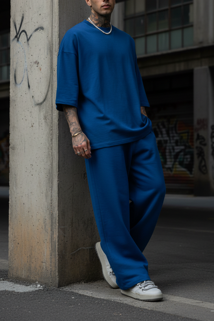 Σετ Street Pulse με 3/4 T-Shirt και Baggy Φόρμα με Λάστιχο στη Μέση – Έντονο Μπλε