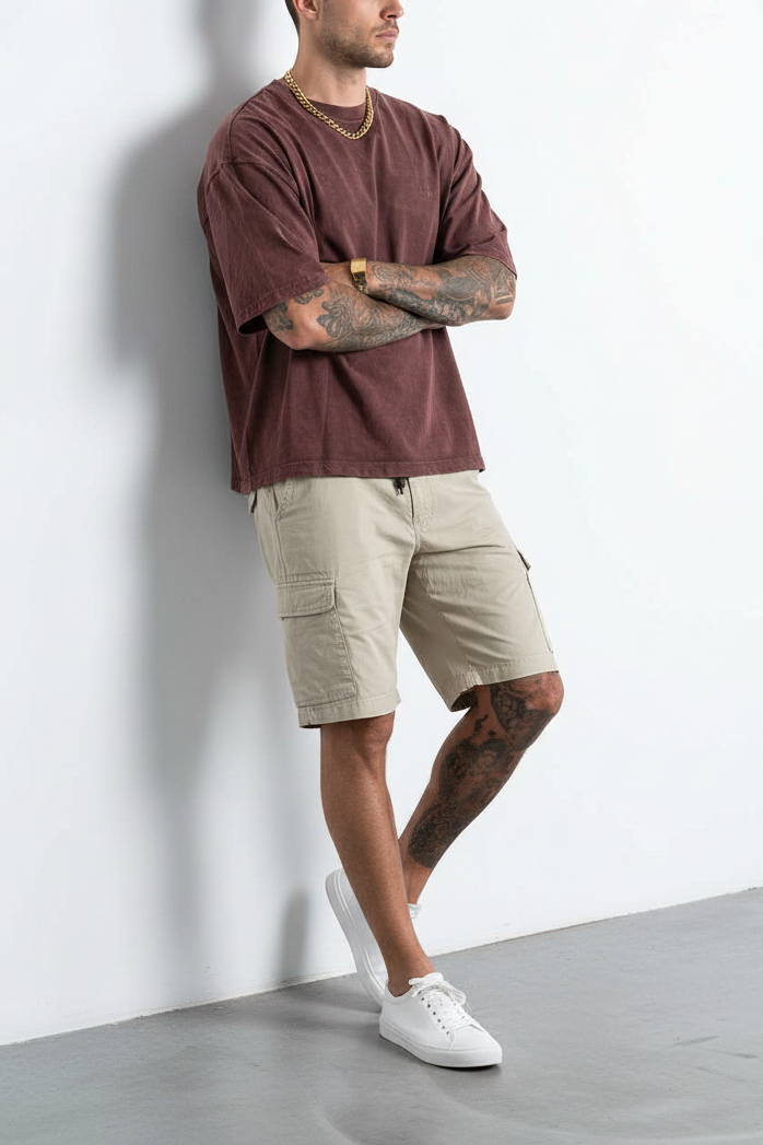 Basic Oversized Crop T-shirt Με Κέντημα- Washed Καφέ