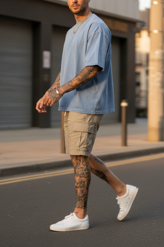 Basic Oversized Crop T-shirt Με Κέντημα - Washed Γαλάζιο