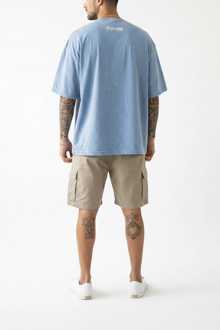 Basic Oversized Crop T-shirt Με Κέντημα - Washed Γαλάζιο