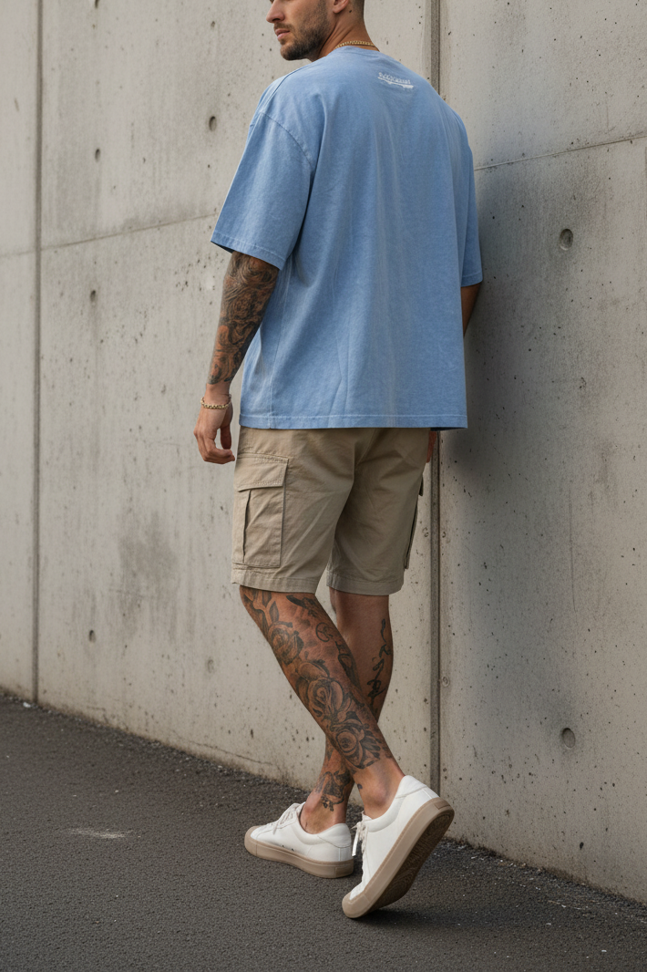 Basic Oversized Crop T-shirt Με Κέντημα - Washed Γαλάζιο