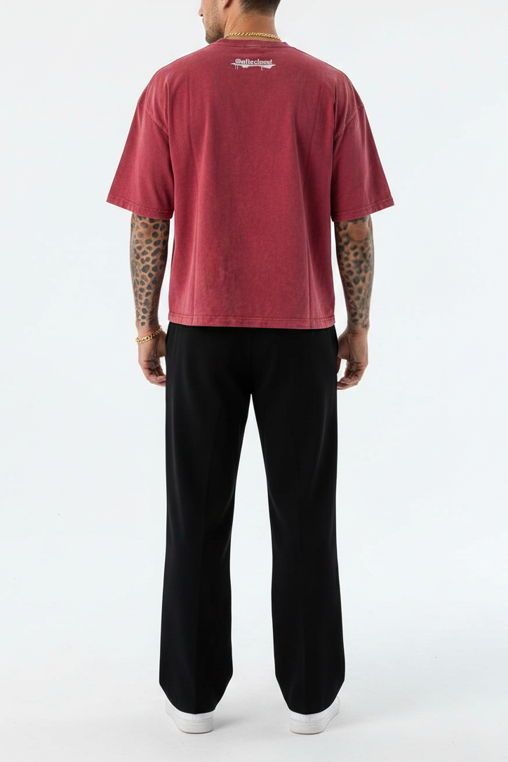Basic Oversized Crop T-shirt Με Κέντημα - Washed Burgundy