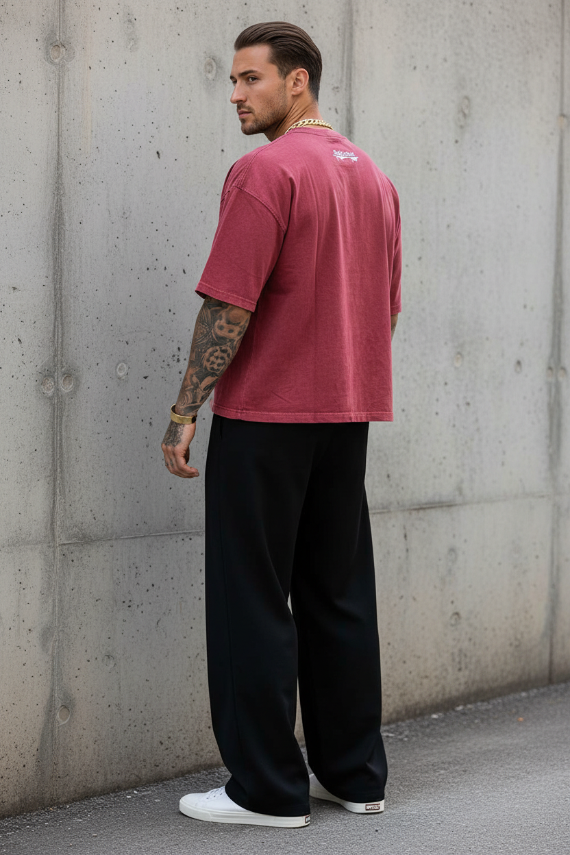 Basic Oversized Crop T-shirt Με Κέντημα - Washed Burgundy