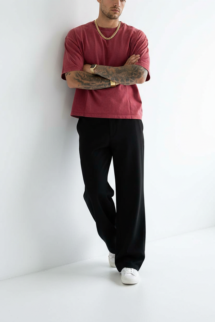 Basic Oversized Crop T-shirt Με Κέντημα - Washed Burgundy