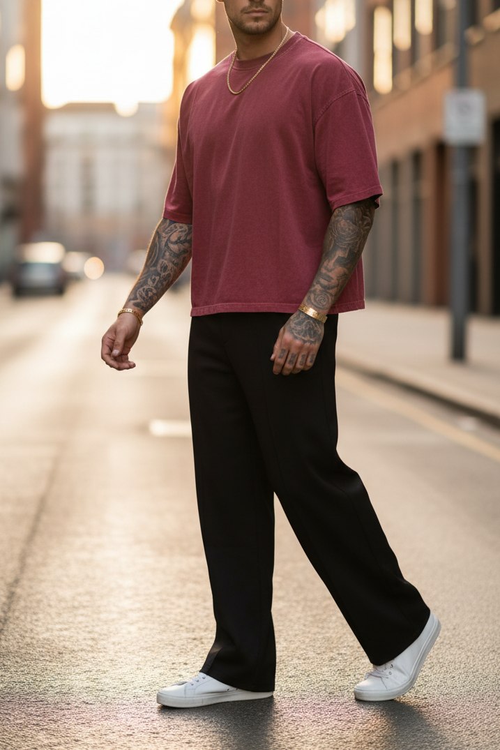 Basic Oversized Crop T-shirt Με Κέντημα - Washed Burgundy