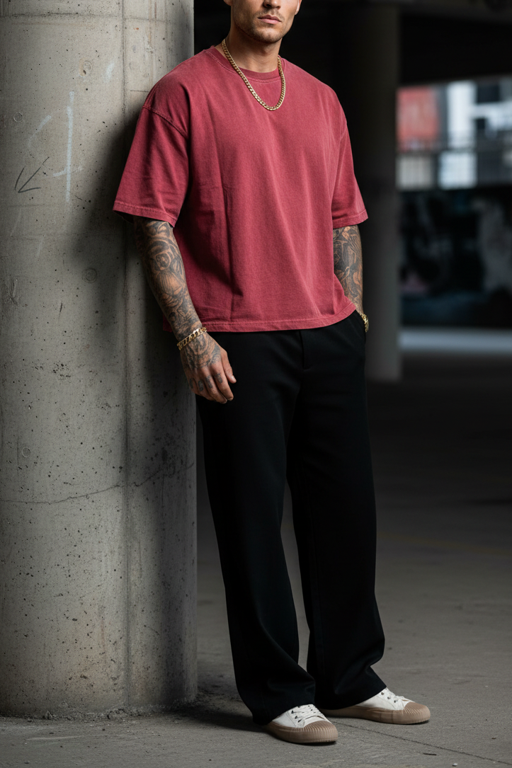 Basic Oversized Crop T-shirt Με Κέντημα - Washed Burgundy