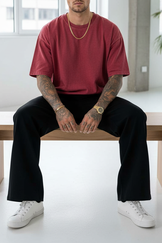 Basic Oversized Crop T-shirt Με Κέντημα - Washed Burgundy