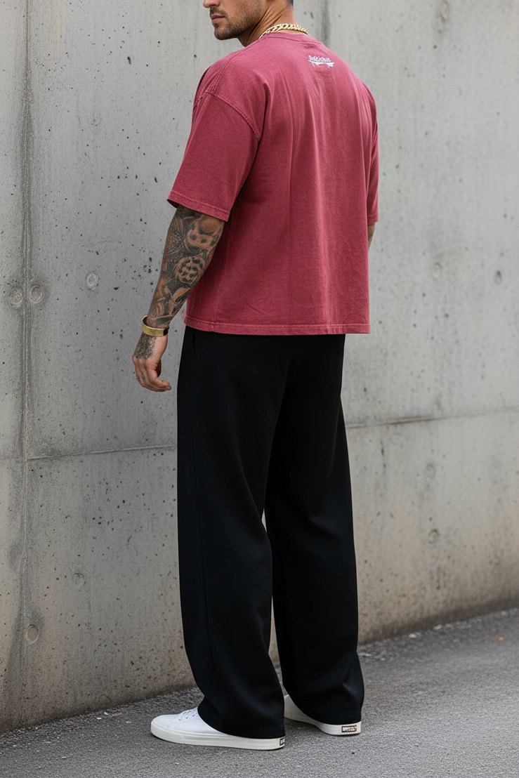 Basic Oversized Crop T-shirt Με Κέντημα - Washed Burgundy