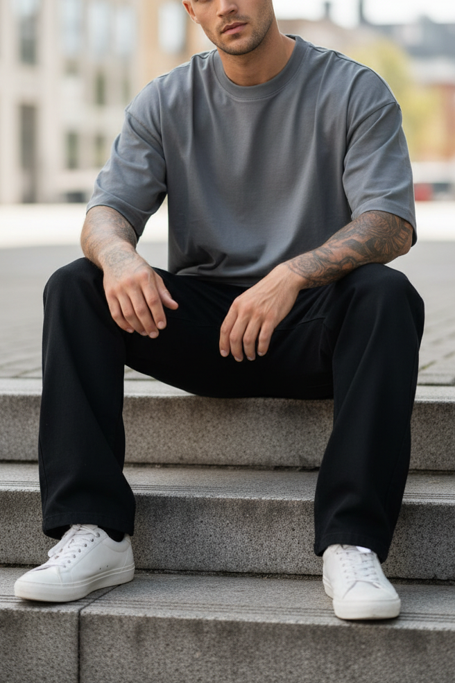 Basic Oversized T-shirt Με Κέντημα - Ανθρακί