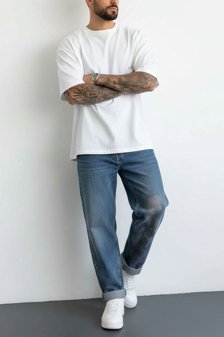 Basic Oversized T-shirt Με Κέντημα - Λευκό