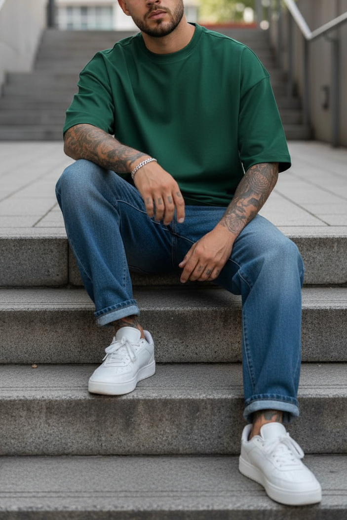 Basic Oversized T-shirt Με Κέντημα - Πράσινο